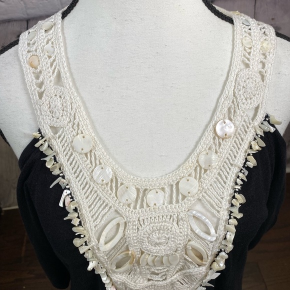 Nanette Lepore Black White Embroidered Crochet Beaded Cold Shoulder Dress Large - Picture 8 of 11